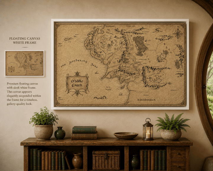 White-framed floating canvas fantasy map on parchment with compass rose