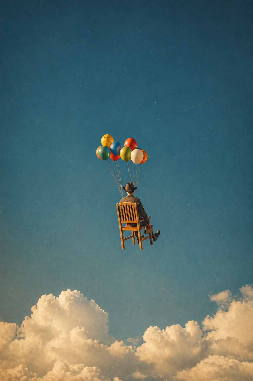 Floating Red Balloon Surreal Art Print featuring a seated figure above a misty mountain lake in red and blue