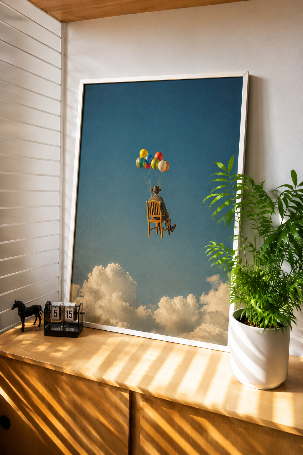 Floating Red Balloon Surreal Art Print displayed in a contemporary interior with atmospheric decor