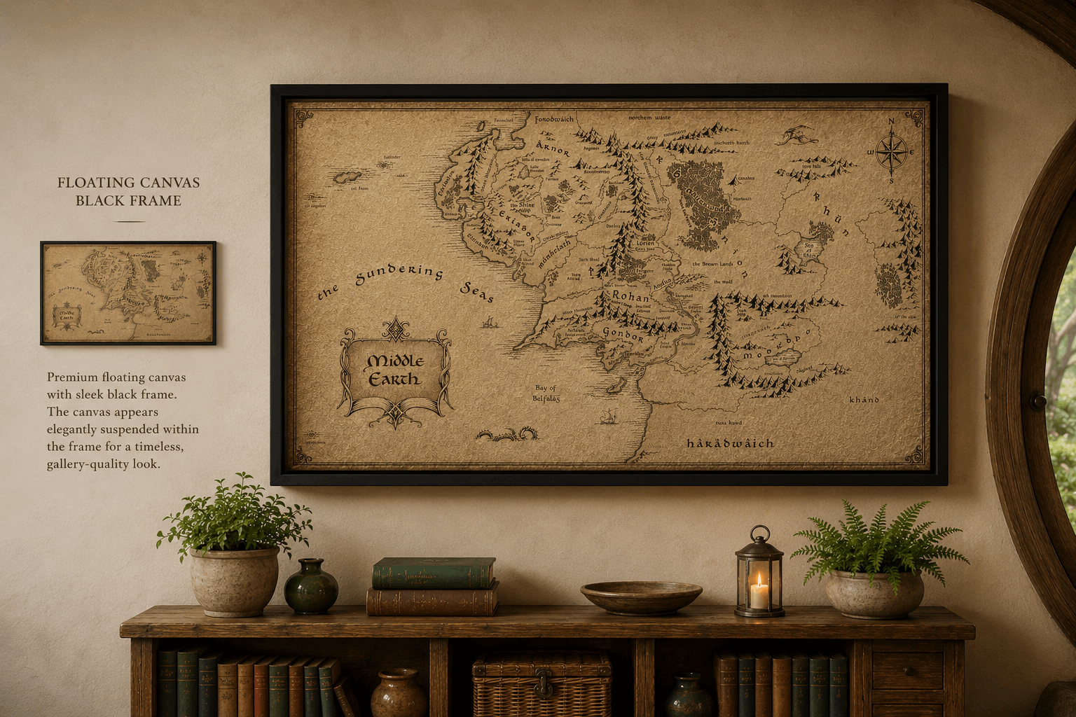 Black-framed wall art fantasy map on parchment with compass rose