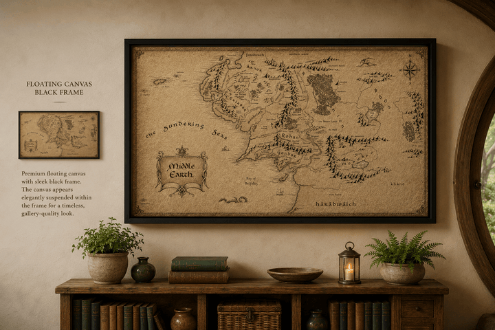 Black-framed wall art fantasy map on parchment with compass rose