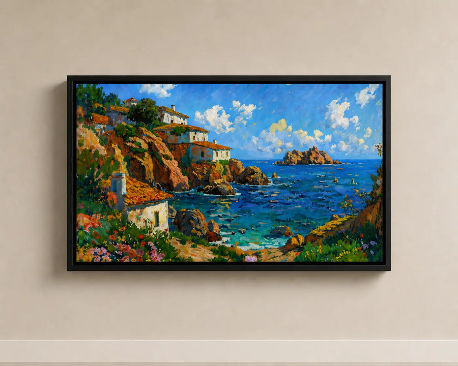 txt
Arte mural en lienzo flotante con marco negro, pueblo costero, agua azul y costa rocosa