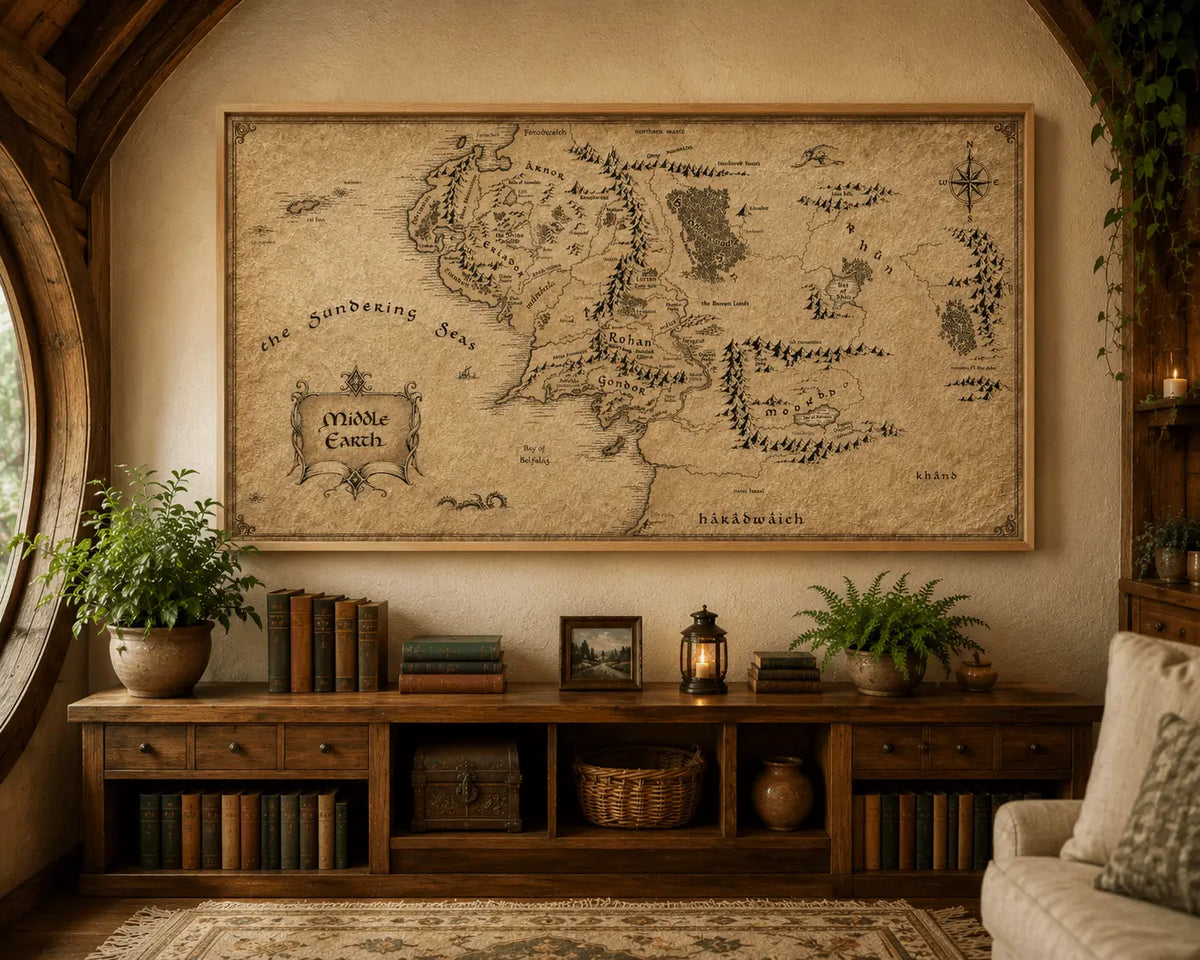 Brown framed parchment fantasy map with compass rose