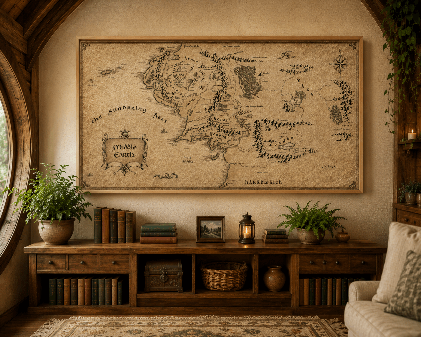 Brown framed parchment fantasy map with compass rose