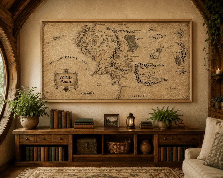 Brown framed parchment fantasy map with compass rose