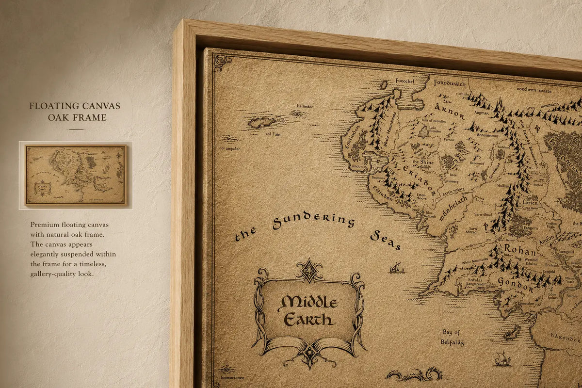 Oak-framed parchment fantasy map close-up with compass rose and ornate crest