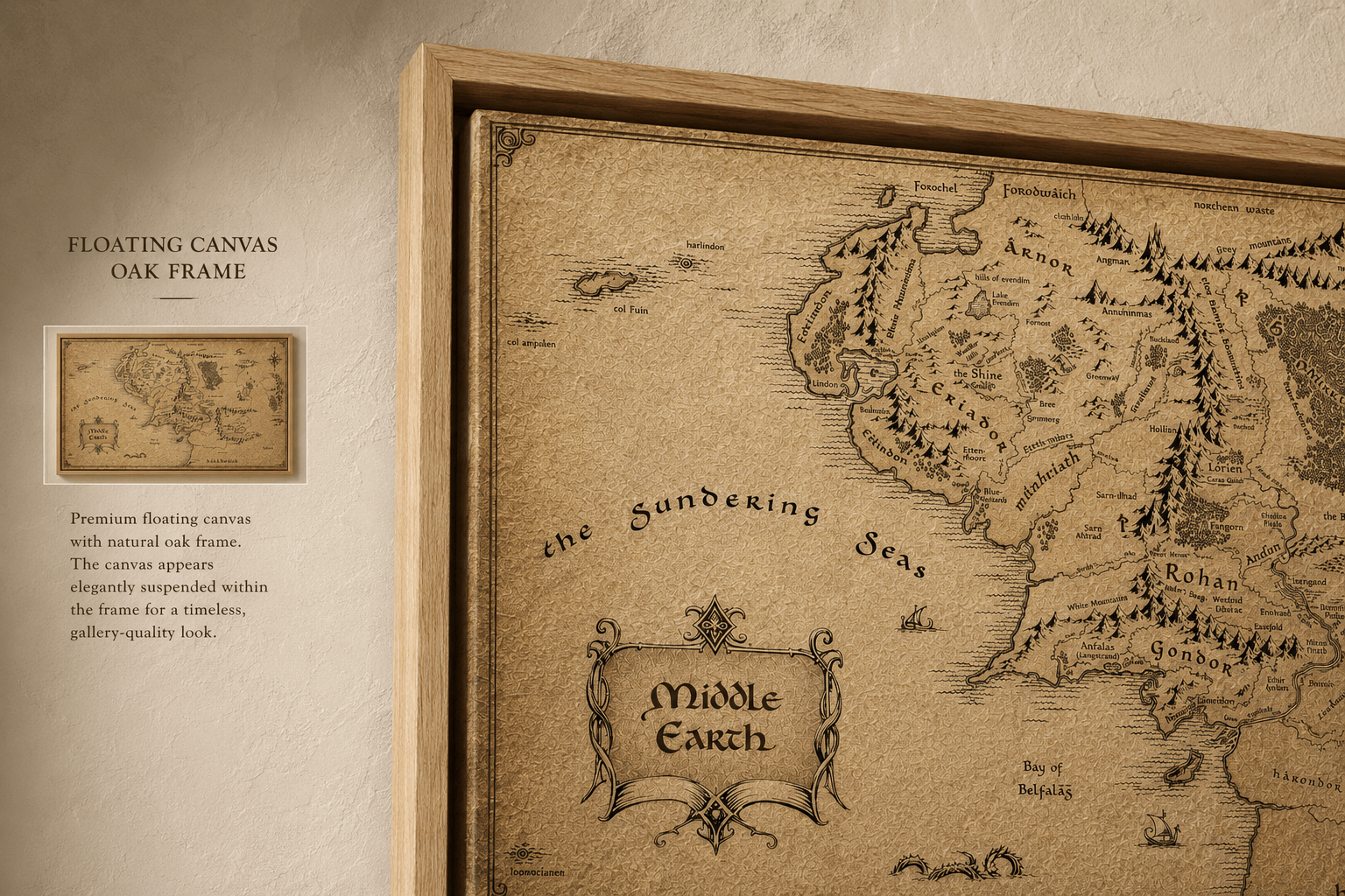 Oak-framed parchment fantasy map close-up with compass rose and ornate crest