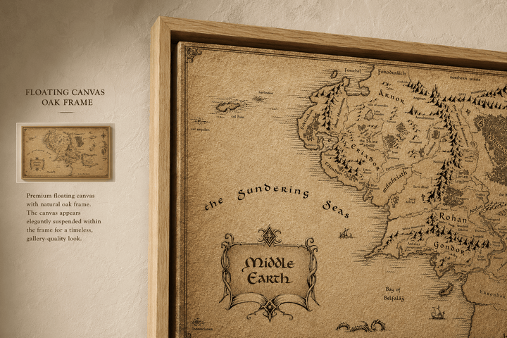 Oak-framed parchment fantasy map close-up with compass rose and ornate crest