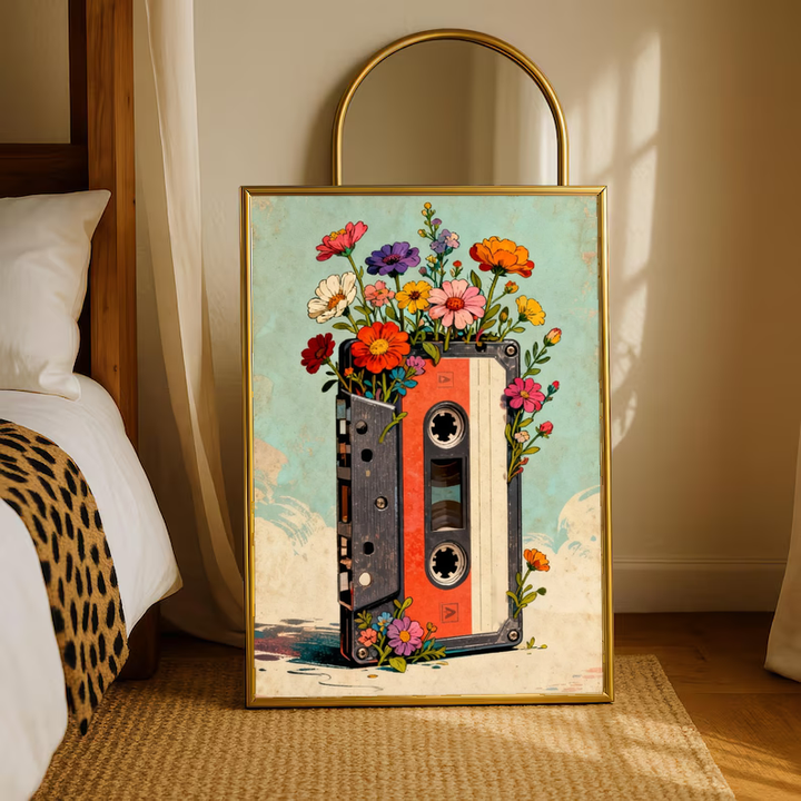 Cassette tape with flowers in a warm wood frame on a bedroom floor beneath an arched mirror
