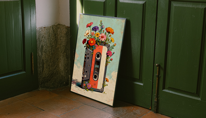 Cassette tape with flowers as an unframed display leaning against a green paneled door on a wood floor
