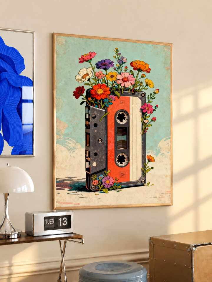 Cassette tape with flowers in an oak frame on a warm cream wall above a small table and dome lamp