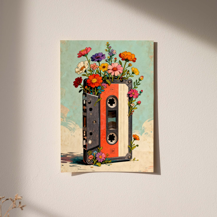 Cassette tape with flowers as an unframed print against a pale plaster wall with soft shadows