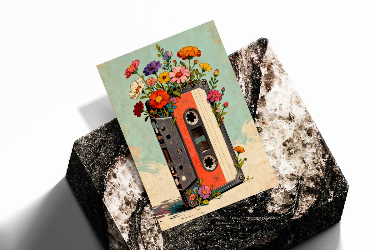 Cassette tape with flowers as an unframed print propped against a pale wall on a rough stone