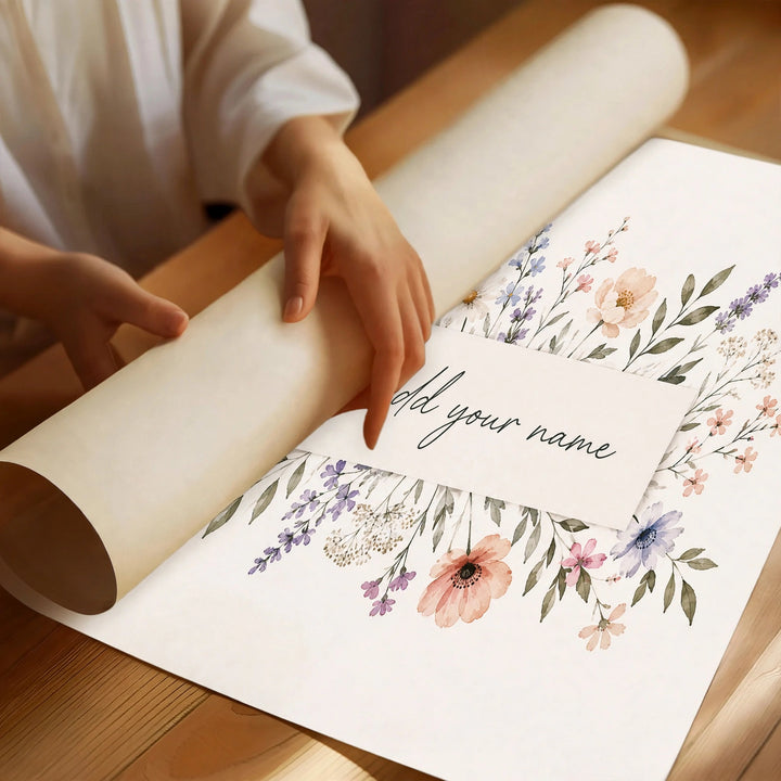 Personalized Name Art Print featuring a botanical flower arrangement with your chosen name in the center
