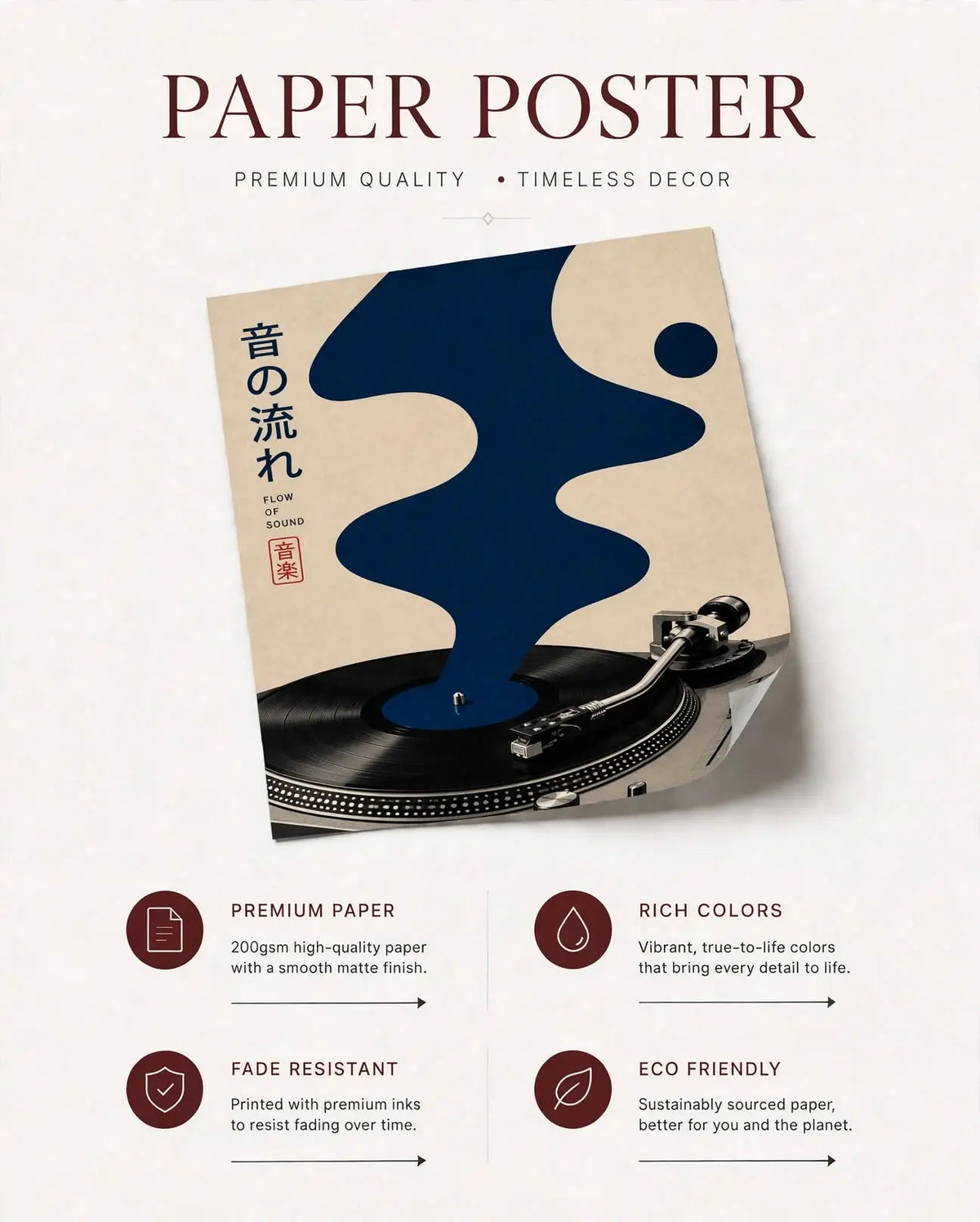 Paper poster of blue waveform over vinyl record and turntable
