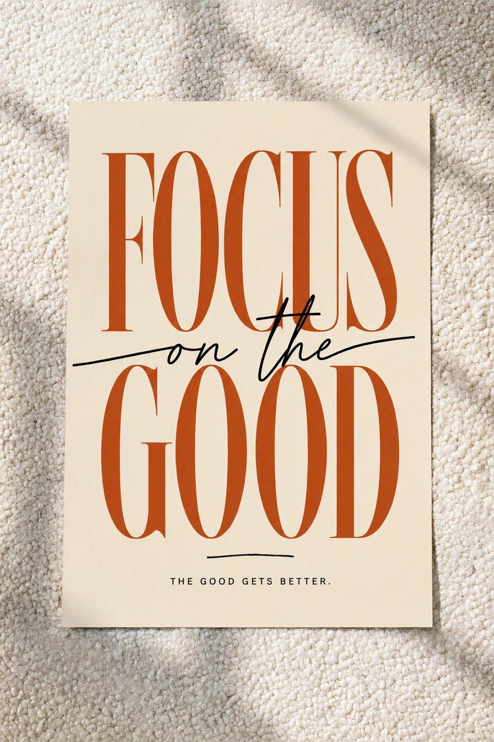 Wall art poster with 'FOCUS on the GOLD' typography, warm gold tones.