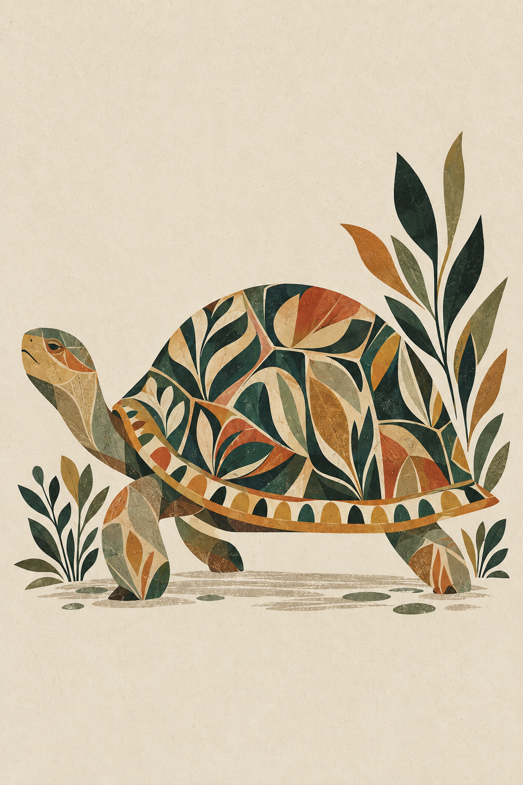 Folk art tortoise botanical wall art poster with earthy green rust and beige leaves