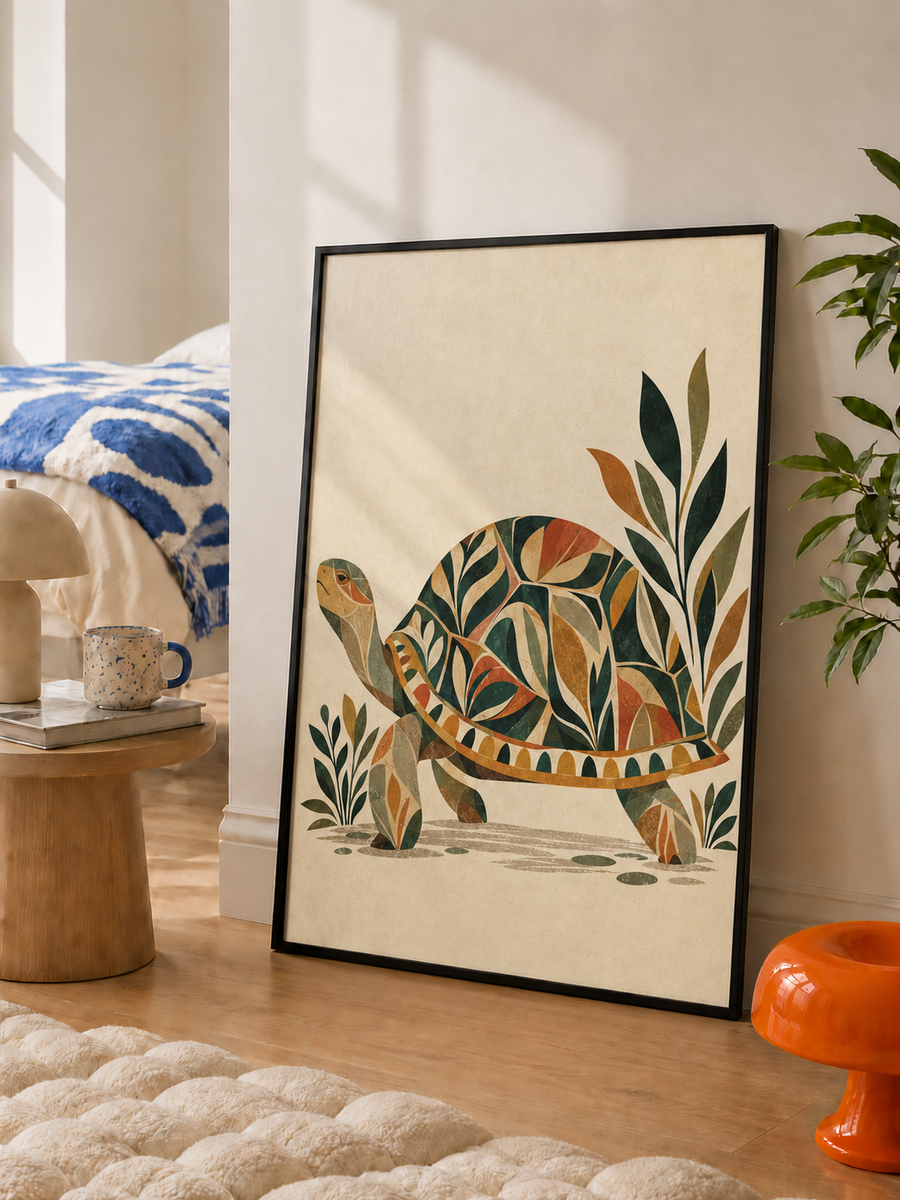 Folk art tortoise botanical wall art displayed in a warm natural living room