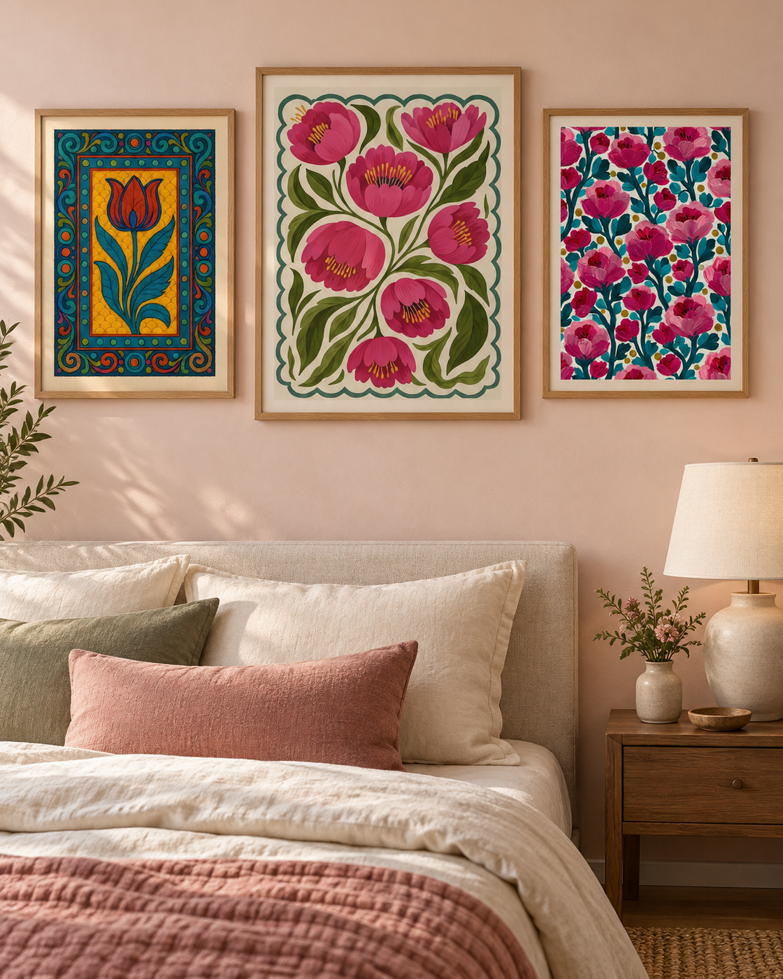 Three framed botanical prints with pink and teal florals, brown wood frames