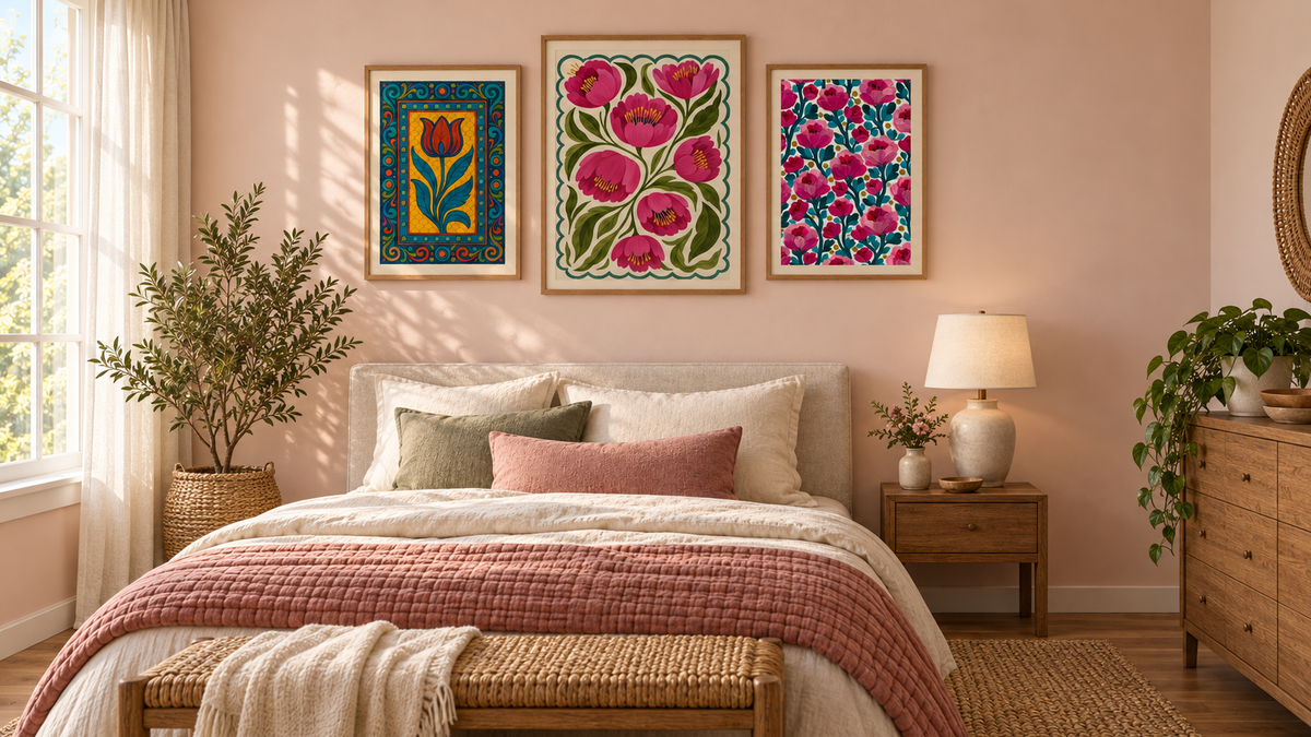 Three framed botanical prints with pink and teal florals, brown wood frames