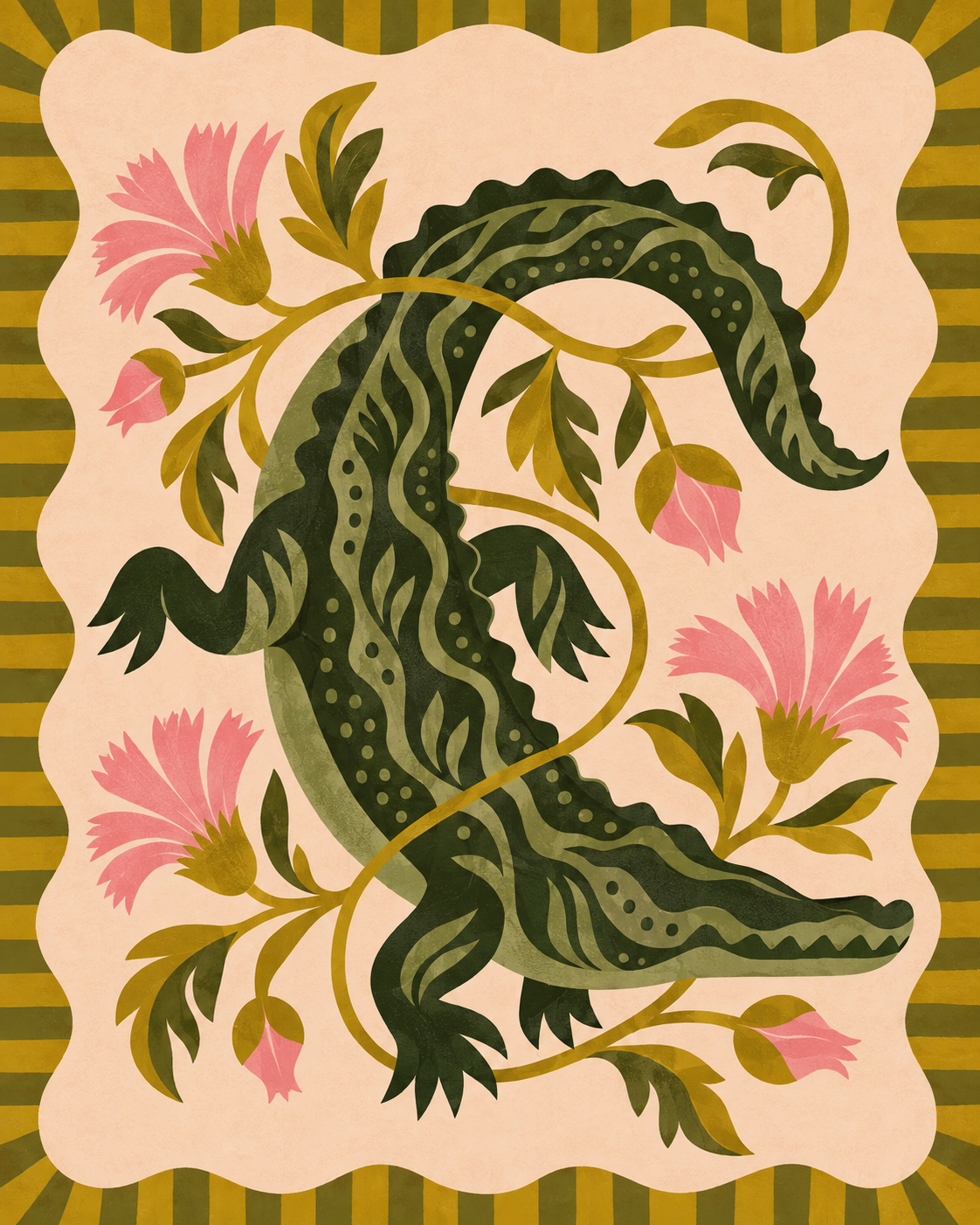Folk floral snake wall art poster with pink green and cream ornamental stripes