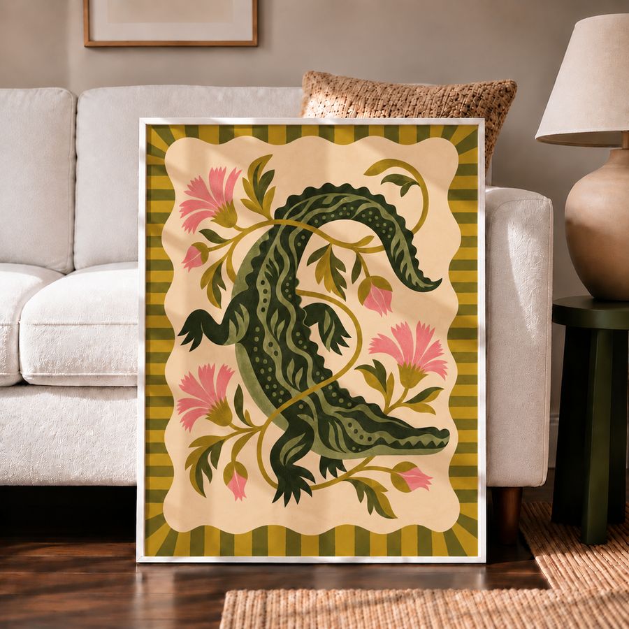 Folk floral snake wall art displayed in an eclectic living room
