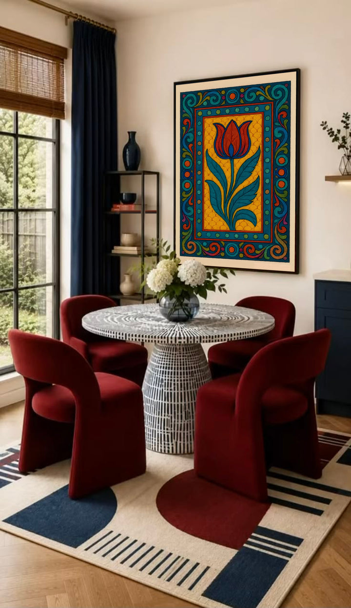 Framed tulip border poster featuring a red-orange tulip on yellow with blue scrollwork border
