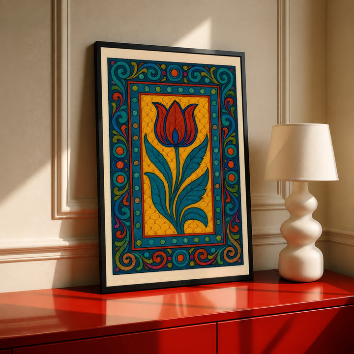 Black-framed tulip border poster with red-orange tulip, teal leaves, and decorative blue scrollwork