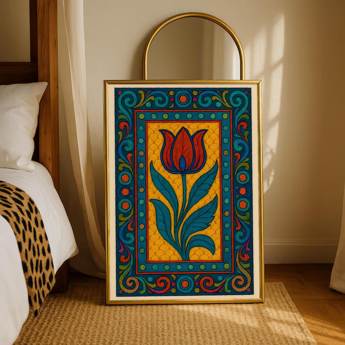Gold-framed tulip border poster with red-orange flower, teal leaves, and ornate blue border