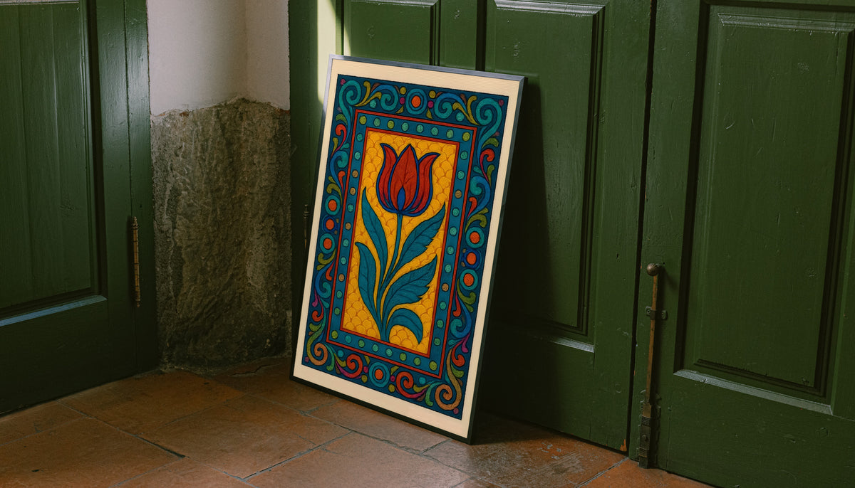 Framed tulip border poster leaning on floor with red-orange tulip and teal leaf pattern