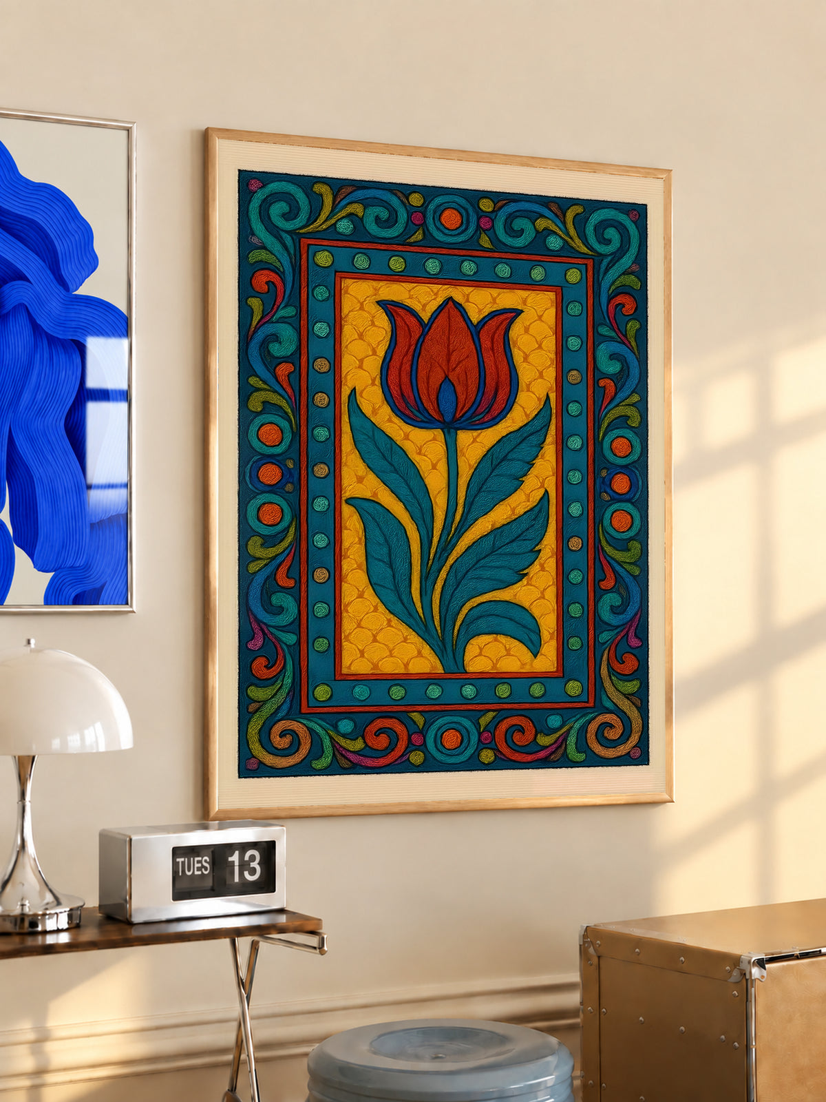Framed tulip border poster with red tulip and teal leaves inside ornate blue, navy, and red frame