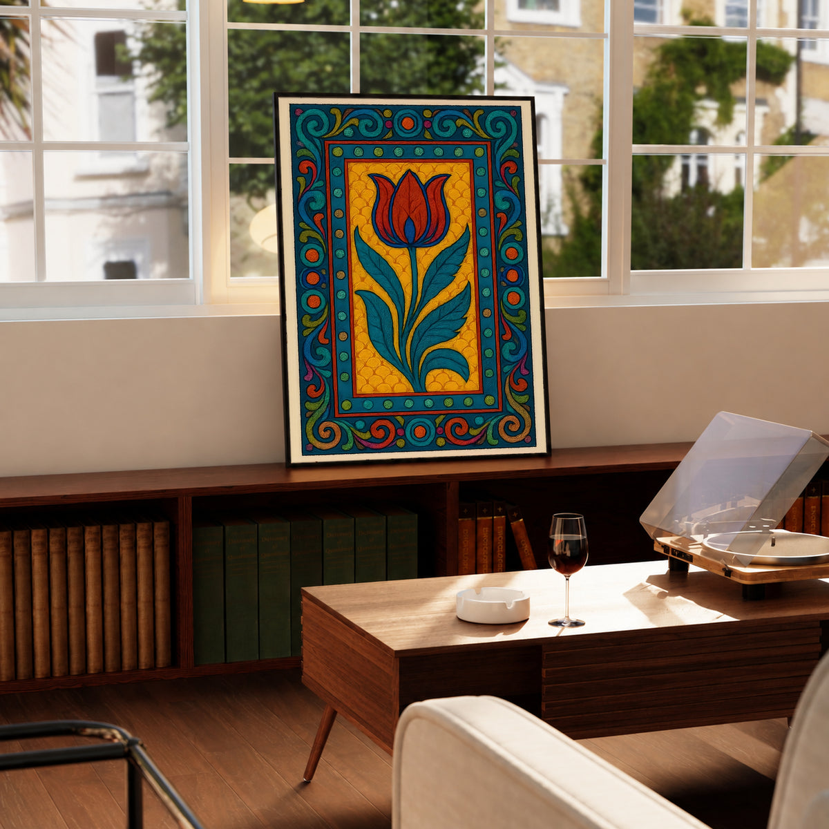 Framed tulip border poster with red-orange tulip on yellow, surrounded by teal and navy ornaments