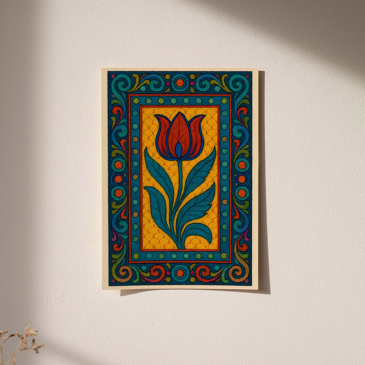 Framed tulip border poster with red-orange flower, blue and navy ornament details