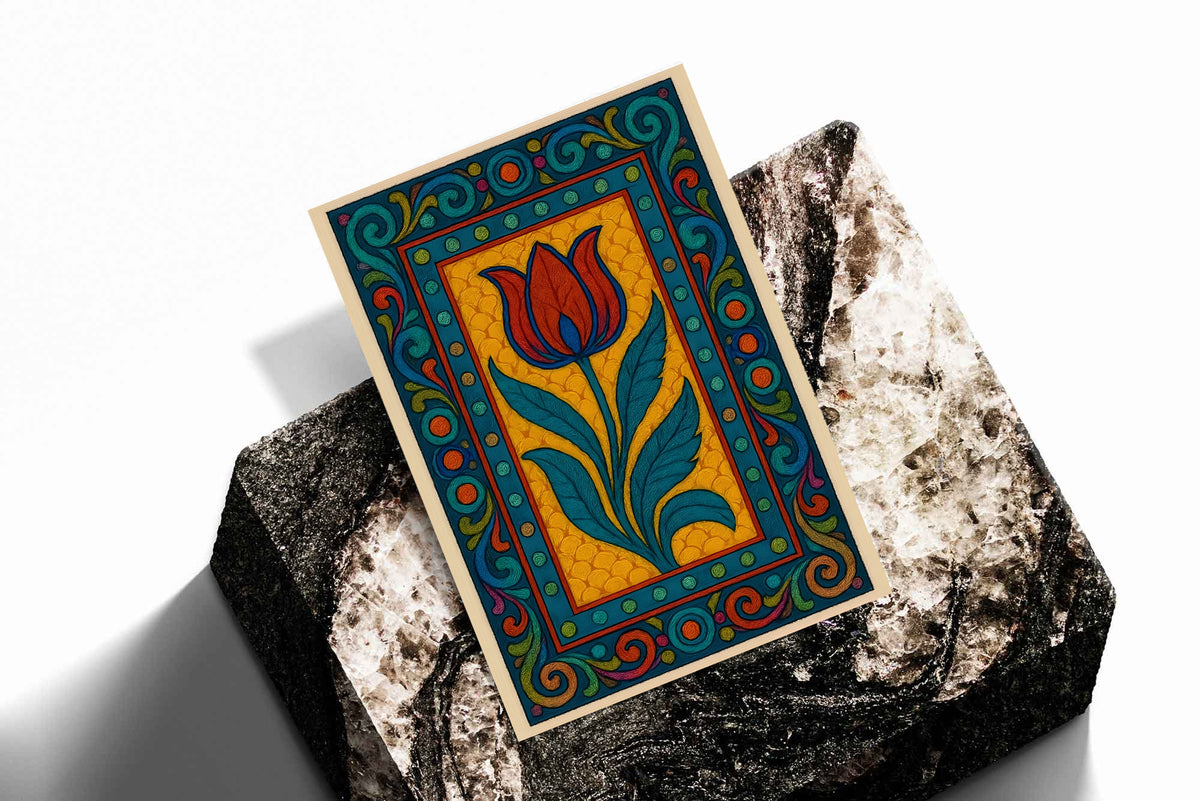 Tulip border poster print with red-orange flower and teal leaves, on a black-and-white stone surface