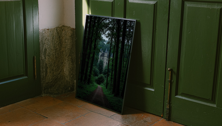 Forest Castle Poster shown as a canvas leaning beside green panels on a wooden floor.