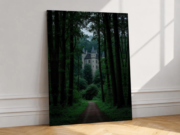Canvas artwork depicting woodland path leading to a pale castle, leaning against a white wall in angled sunlight.