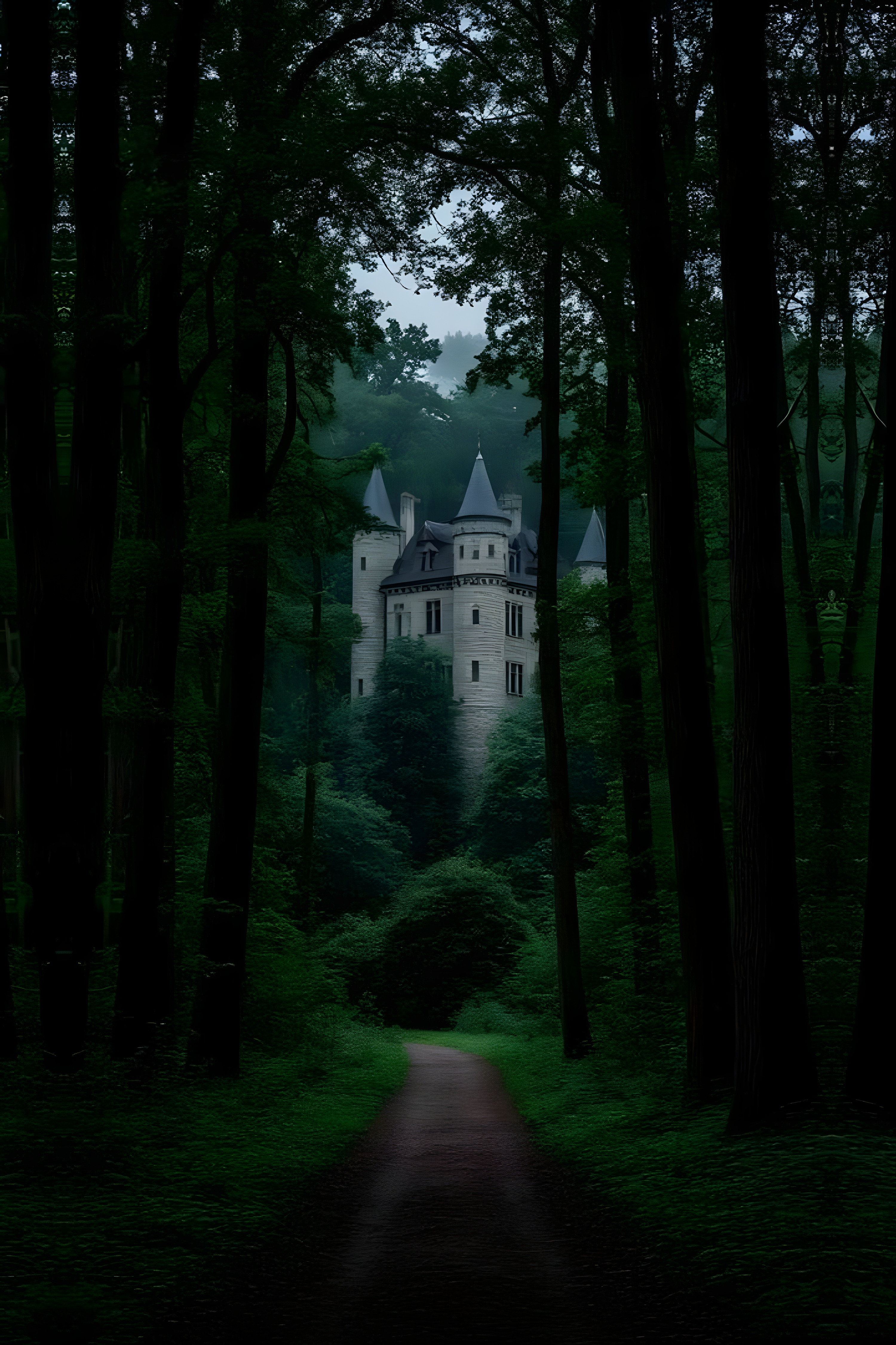 Woodland path poster with castle and tall trees, seen through misty forest