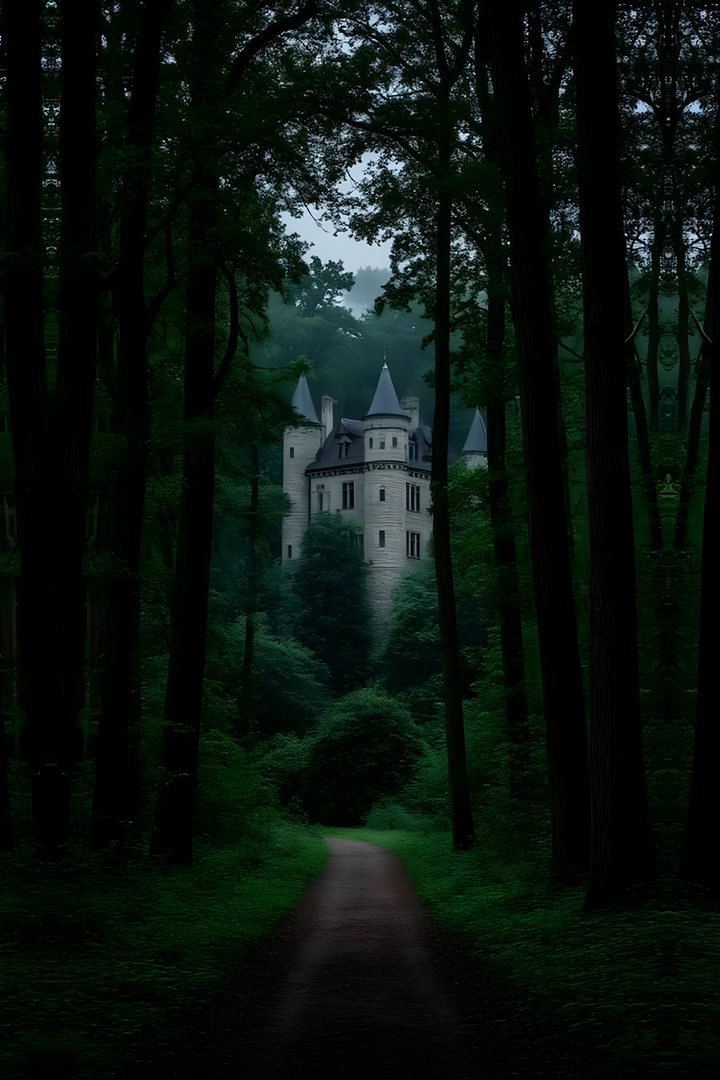 Woodland path leading to a pale castle in deep green, black, pale stone gray.