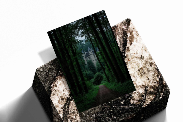 Unframed artwork depicting woodland path leading to a pale castle, presented diagonally on rough stone.