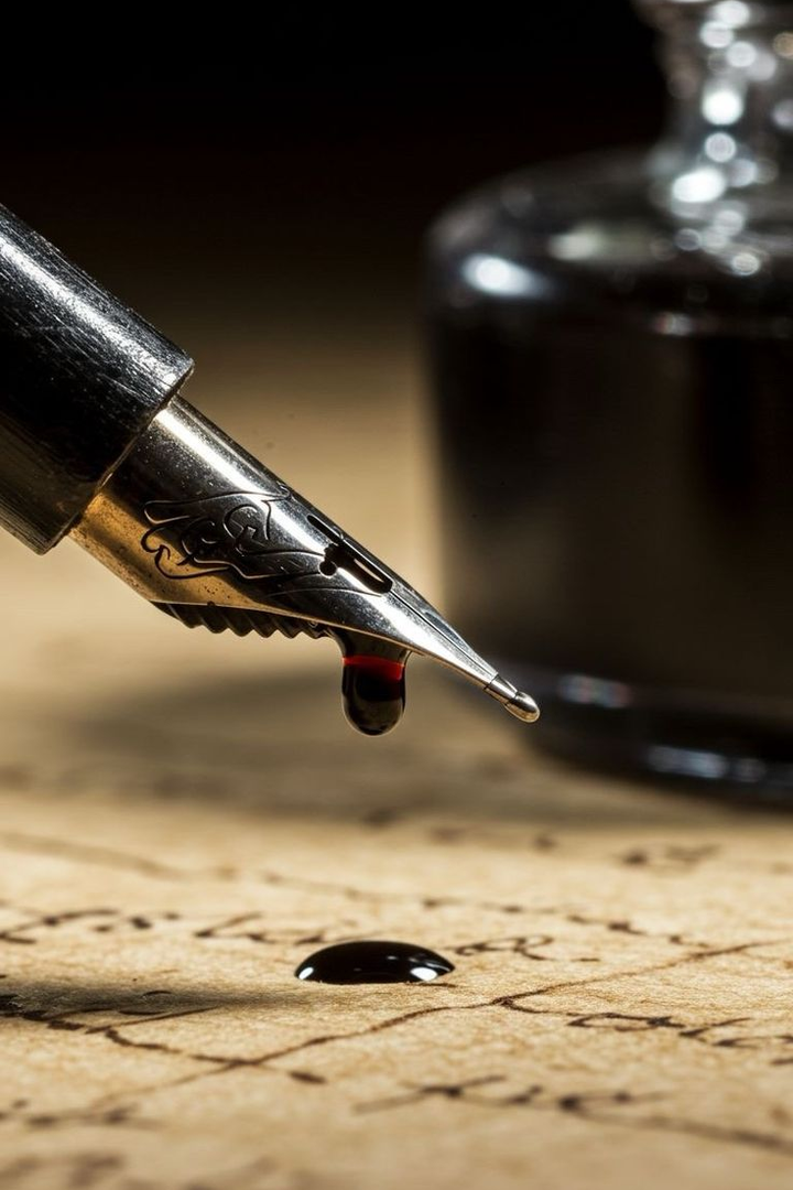 Fountain pen nib close-up print with silver nib and red ink droplet
