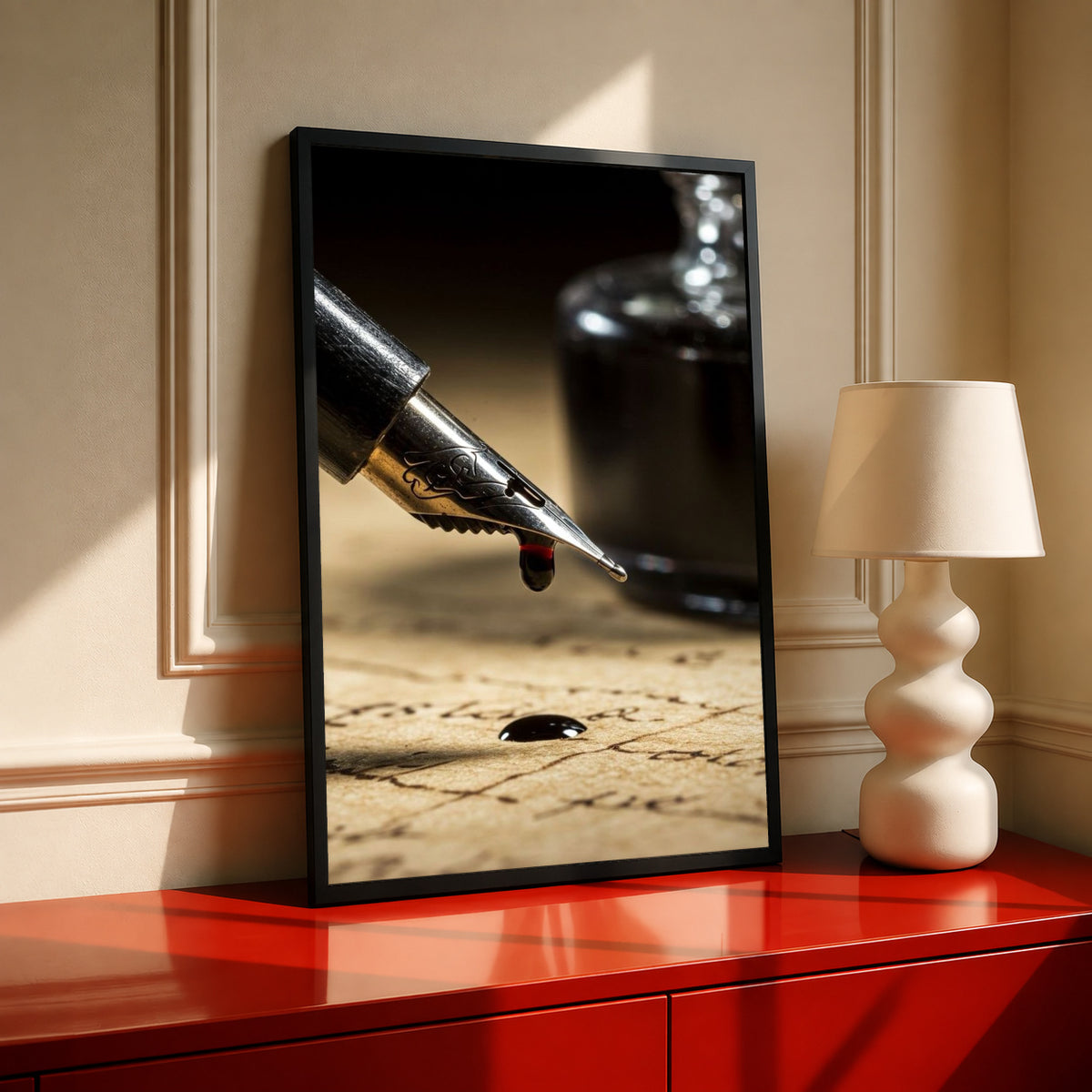 Framed fountain pen close-up print with silver nib over sepia manuscript page