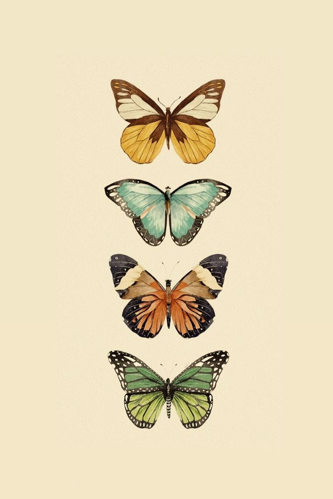 Four butterfly illustration print on warm cream paper, gold, aqua, and green butterflies