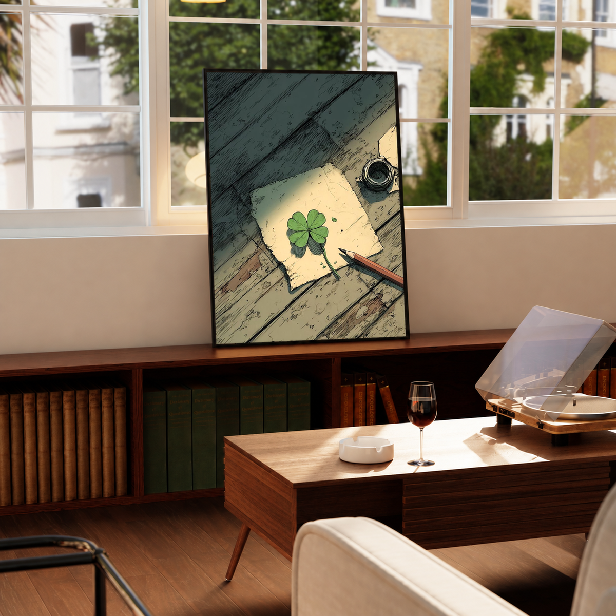 Four-leaf clover on a drawing desk in a black frame on a windowsill above a green radiator, with a turntable nearby