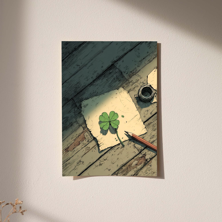 Four-leaf clover on a drawing desk as an unframed print against a pale plaster wall with soft shadows