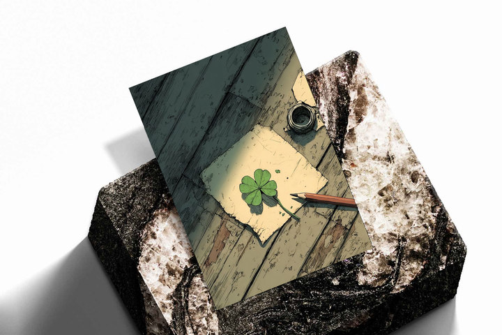 Four-leaf clover on a drawing desk as an unframed print propped against a pale wall on a rough stone