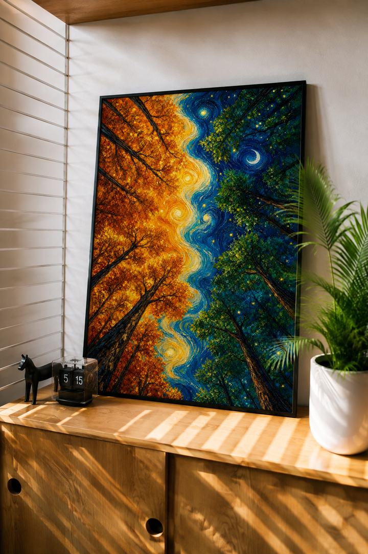 Four seasons forest art print styled in a bright interior