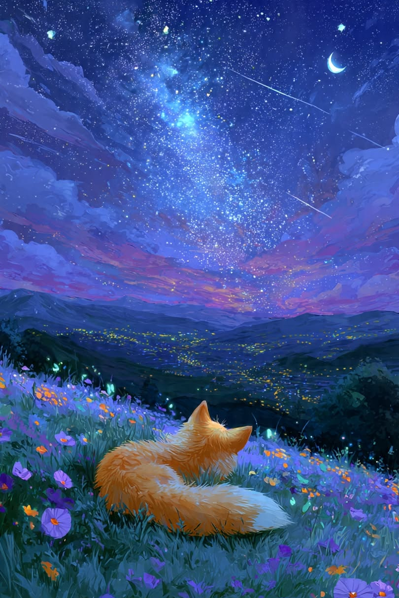 Orange fox lying in purple wildflower meadow under starry blue night sky