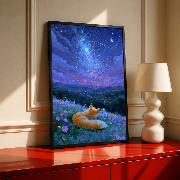Black-framed fox and wildflowers night painting with orange fox in flower field