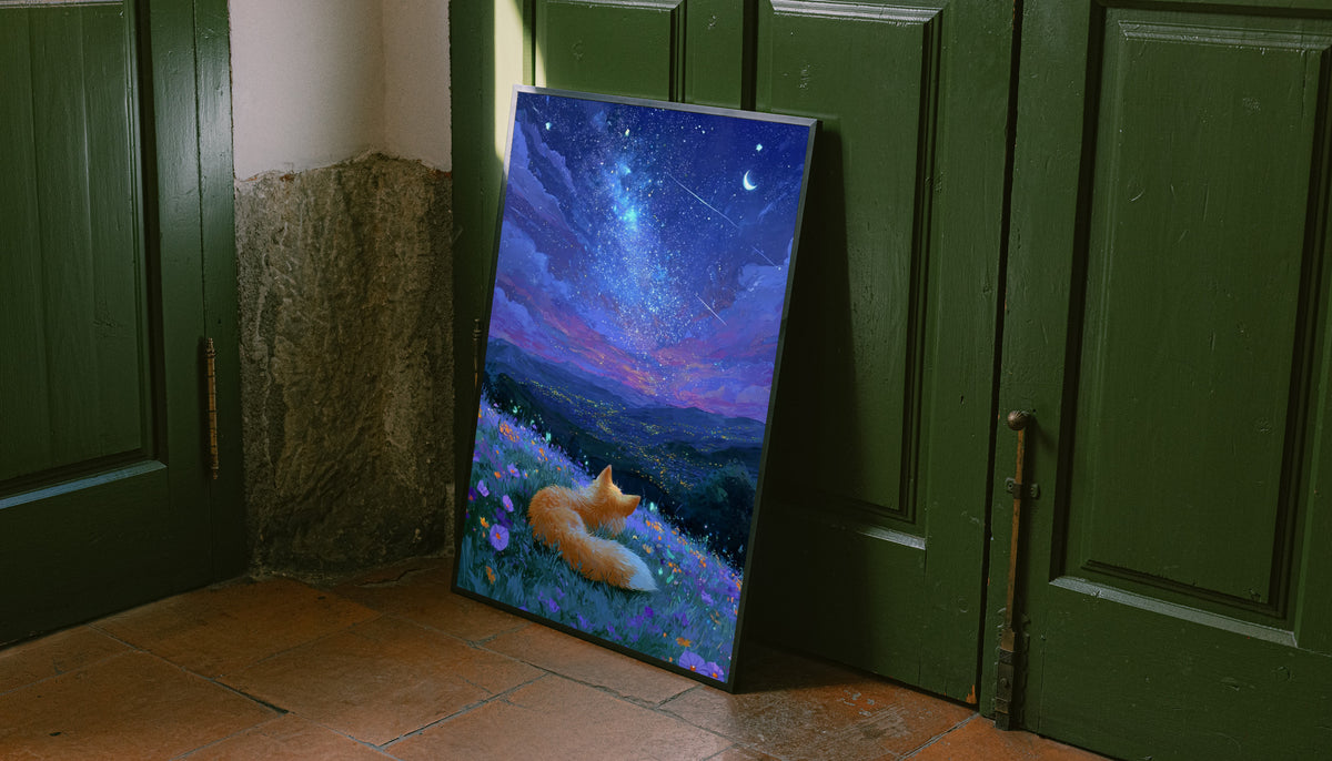 Fox and wildflowers art print in black frame, orange fox in night meadow