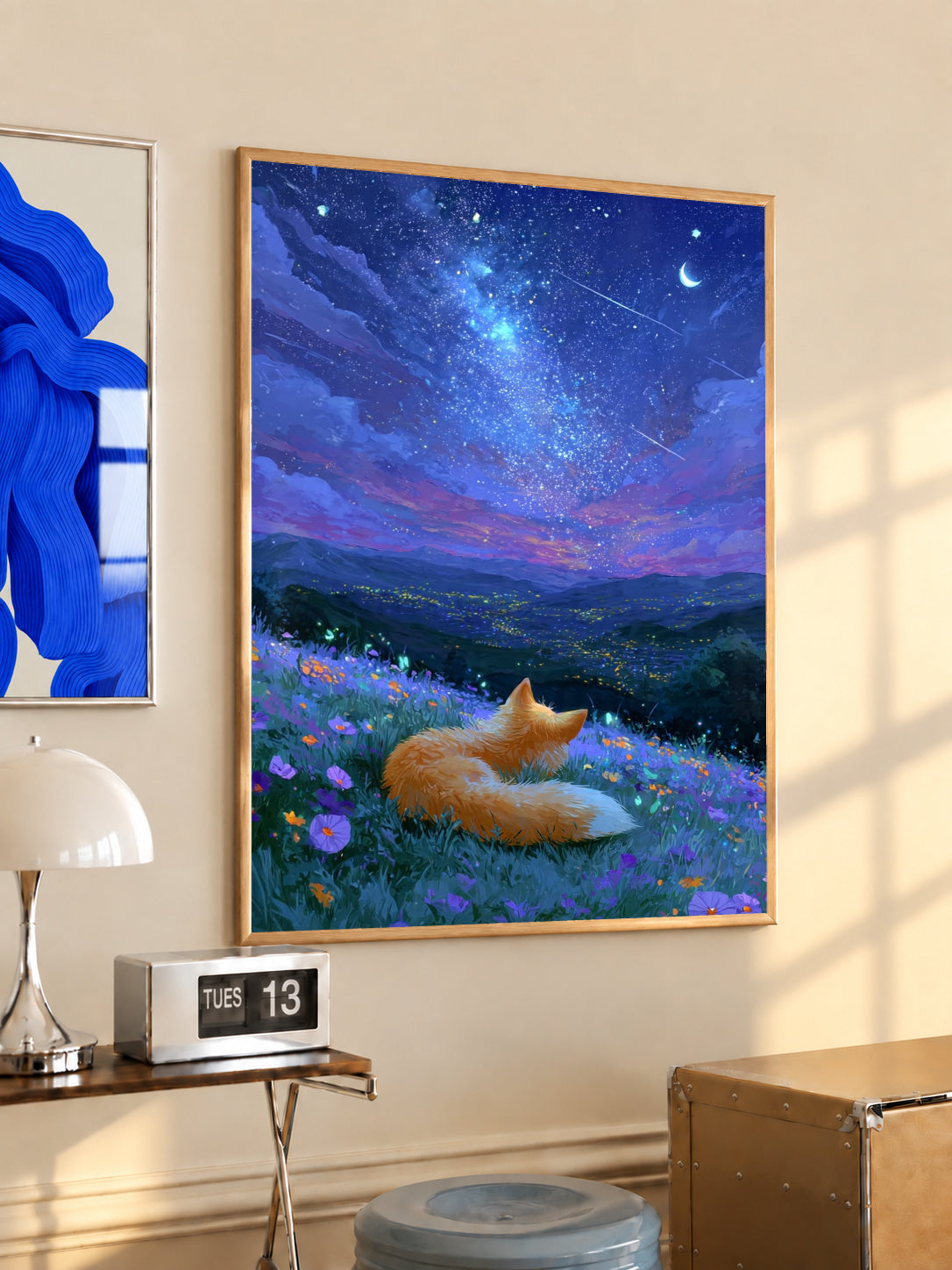 Framed fox and wildflowers art print with orange fox under starry blue night sky